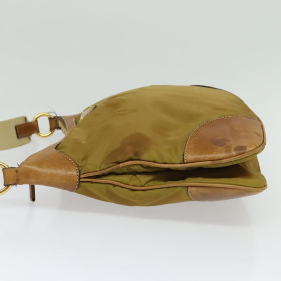 PRADA Shoulder Bag Nylon Leather Beige Gold Auth 140625