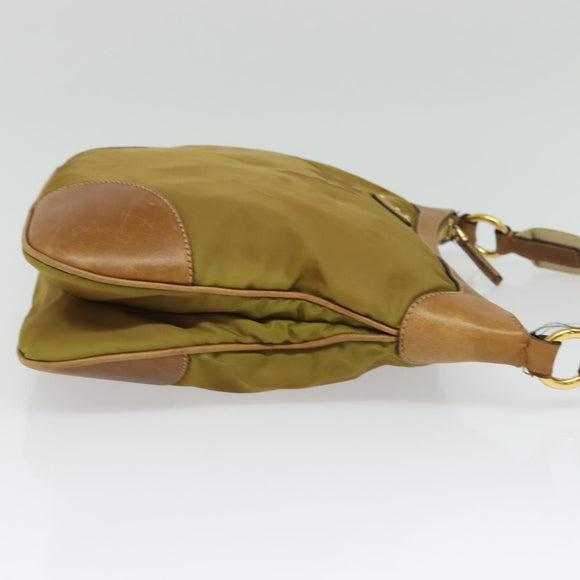 PRADA Shoulder Bag Nylon Leather Beige Gold Auth 140625