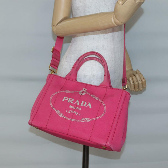 PRADA Canapa PM Hand Bag Canvas Pink Gold Auth 140634