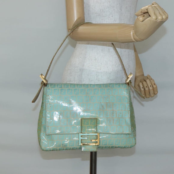 FENDI Zucchino Canvas Mamma Baguette Bag Enamel Peppermint Gold Auth 140635