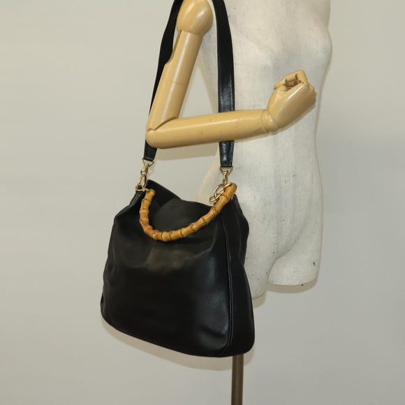 GUCCI Bamboo Hand Bag Leather 2way Black Gold 001 1781 1577 Auth 140641
