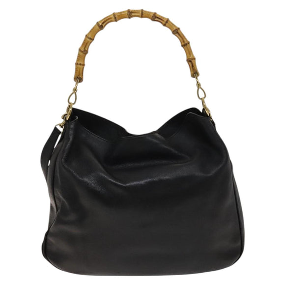 GUCCI Bamboo Hand Bag Leather 2way Black Gold 001 1781 1577 Auth 140641