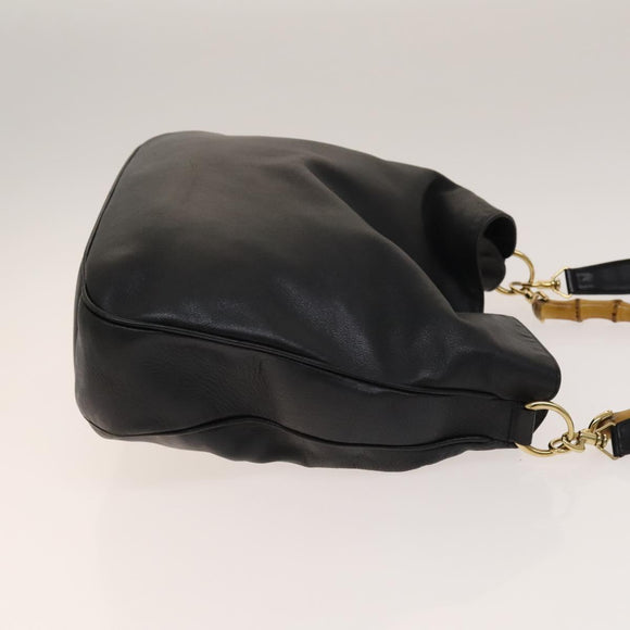 GUCCI Bamboo Hand Bag Leather 2way Black Gold 001 1781 1577 Auth 140641