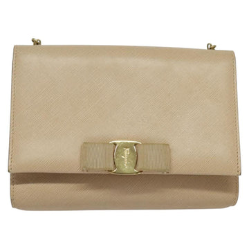 Salvatore Ferragamo Chain Vala Shoulder Bag Leather Beige Gold Auth 140674 - 0