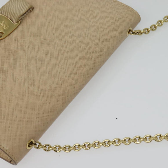Salvatore Ferragamo Chain Vala Shoulder Bag Leather Beige Gold Auth 140674