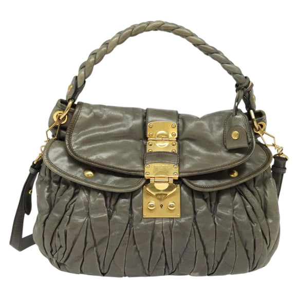 Miu Miu Matelasse Shoulder Bag Leather 2way Gray Gold Auth 140677