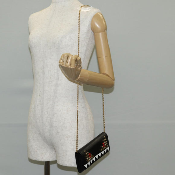 FENDI Chain Long Wallet Leather Black Gold Auth 140694M