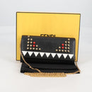 FENDI Chain Long Wallet Leather Black Gold Auth 140694M-12