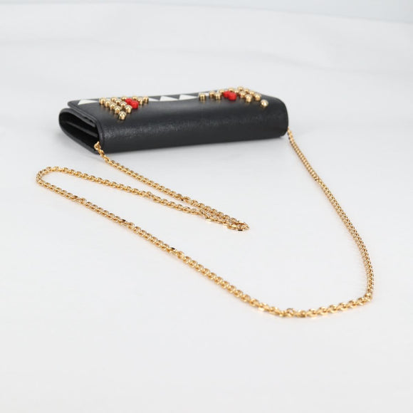 FENDI Chain Long Wallet Leather Black Gold Auth 140694M