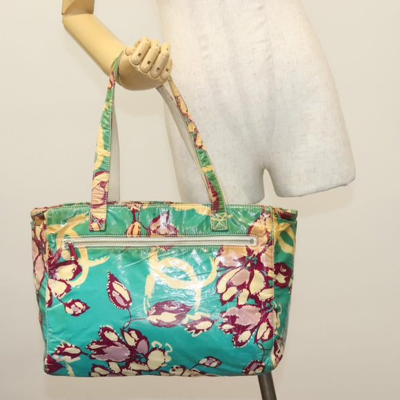 CHANEL Tote Bag Canvas PVC Green Silver CC Auth 140713