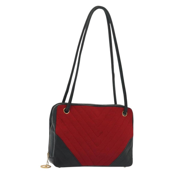 CHANEL V Stitch Shoulder Bag Cotton Red Gold CC Auth 140715