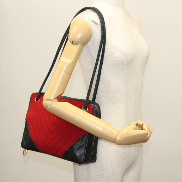 CHANEL V Stitch Shoulder Bag Cotton Red Gold CC Auth 140715