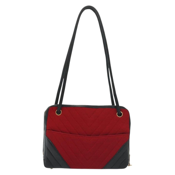 CHANEL V Stitch Shoulder Bag Cotton Red Gold CC Auth 140715