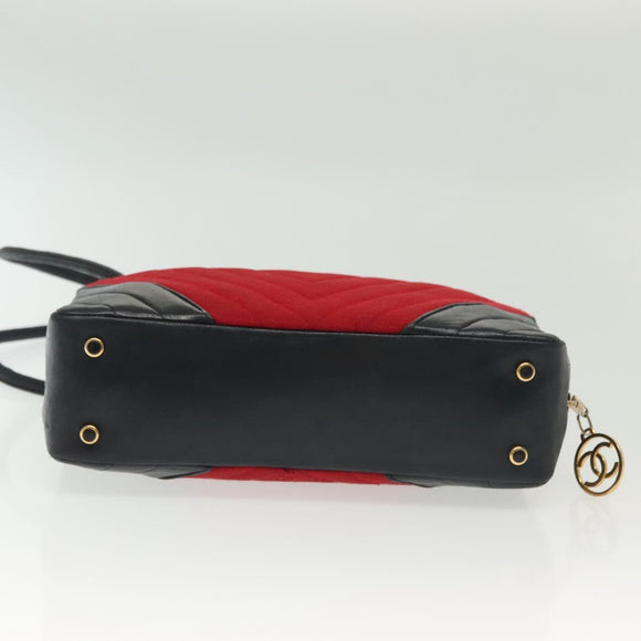 CHANEL V Stitch Shoulder Bag Cotton Red Gold CC Auth 140715