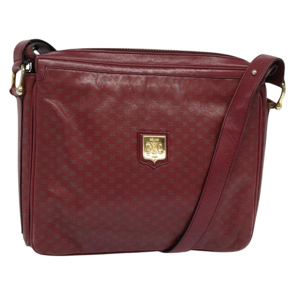 CELINE Macadam Canvas Shoulder Bag Leather Bordeaux Gold Auth 140717