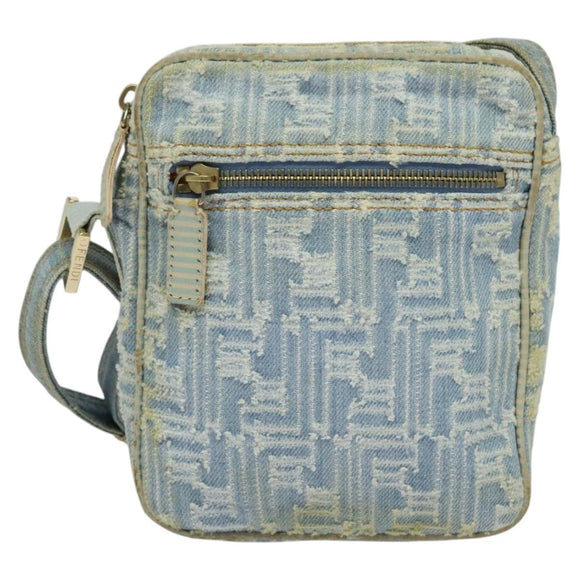 FENDI Zucca Canvas Shoulder Bag Denim Light Blue Gold Auth 140722