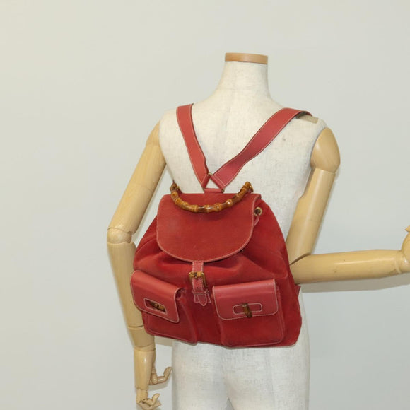 GUCCI Bamboo Backpack Suede Red Gold 003 2058 0016 Auth 140726