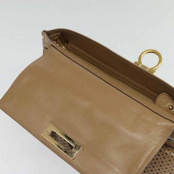 Salvatore Ferragamo Gancini Hand Bag Punching leather Brown Gold Auth 140750