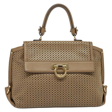 Salvatore Ferragamo Gancini Hand Bag Punching leather Brown Gold Auth 140750 - 0