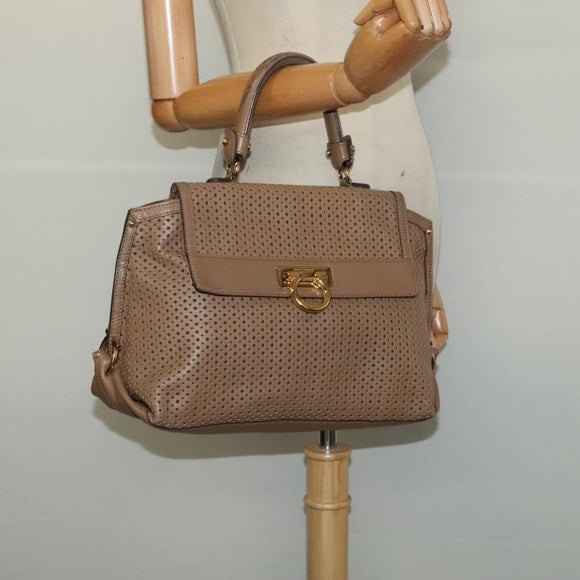 Salvatore Ferragamo Gancini Hand Bag Punching leather Brown Gold Auth 140750