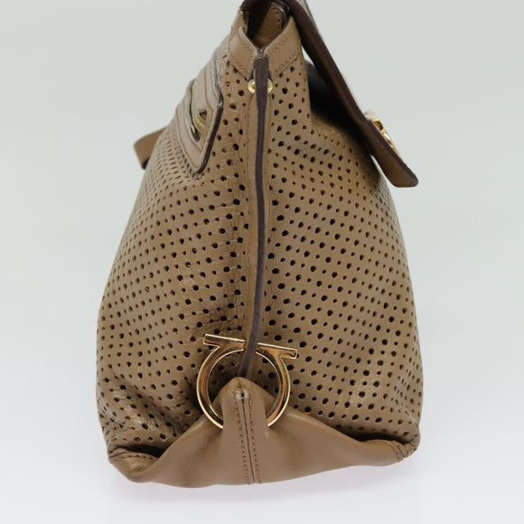 Salvatore Ferragamo Gancini Hand Bag Punching leather Brown Gold Auth 140750