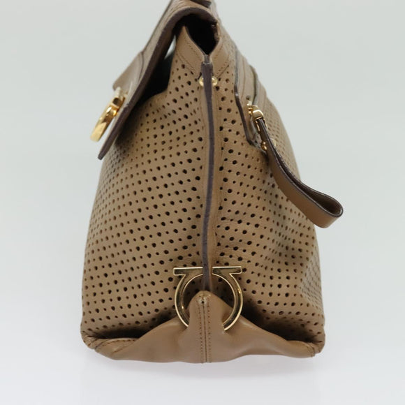 Salvatore Ferragamo Gancini Hand Bag Punching leather Brown Gold Auth 140750