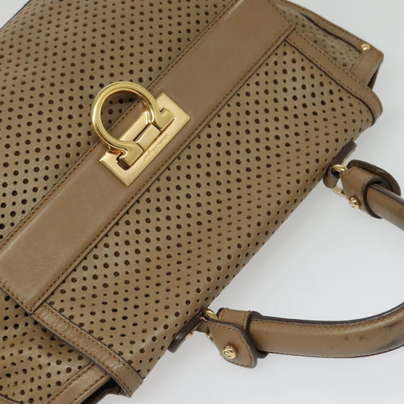 Salvatore Ferragamo Gancini Hand Bag Punching leather Brown Gold Auth 140750