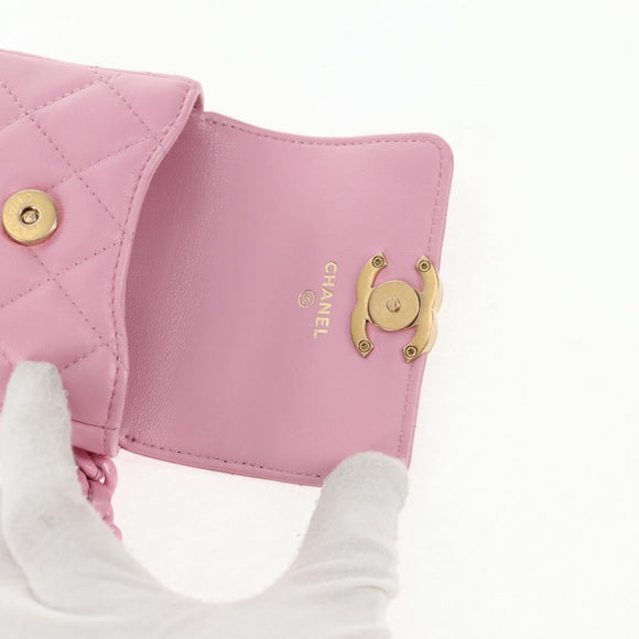 CHANEL Matelasse Chain Shoulder Bag Lamb Skin Pink Gold CC Auth 140756M