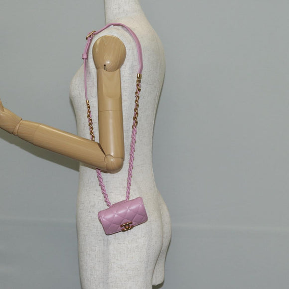 CHANEL Matelasse Chain Shoulder Bag Lamb Skin Pink Gold CC Auth 140756M