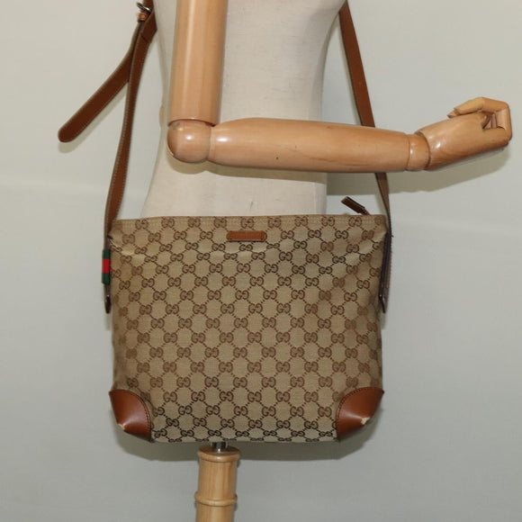 GUCCI GG Canvas Web Sherry Line Shoulder Bag Beige Gold 337598 Auth 140780