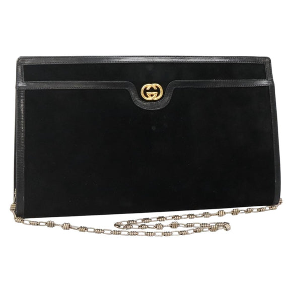 GUCCI Chain Shoulder Bag Suede Black Gold Auth 140787