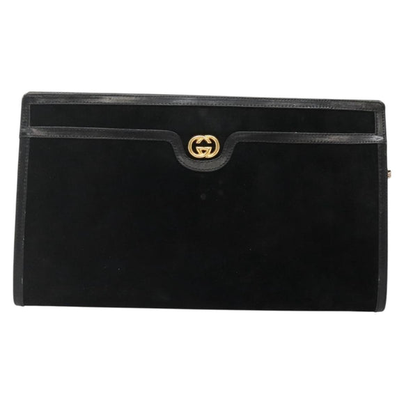 GUCCI Chain Shoulder Bag Suede Black Gold Auth 140787