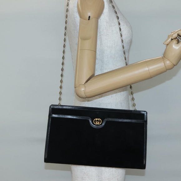 GUCCI Chain Shoulder Bag Suede Black Gold Auth 140787