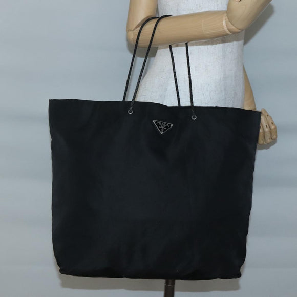 PRADA Tote Bag Nylon Black Silver Auth 140799