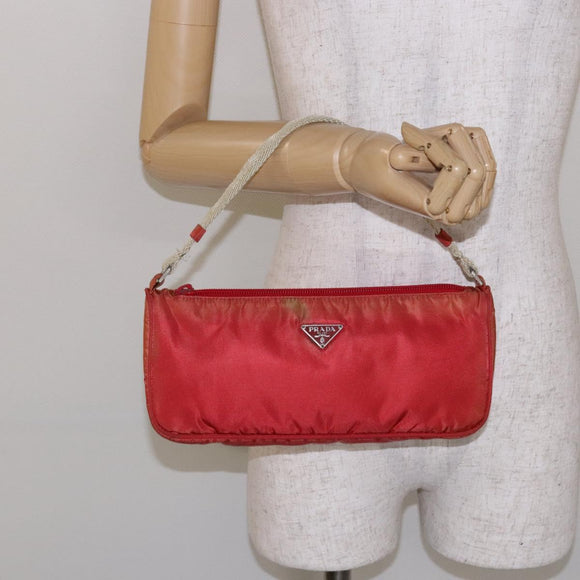 PRADA Accessory Pouch Nylon Red Silver Auth 140805