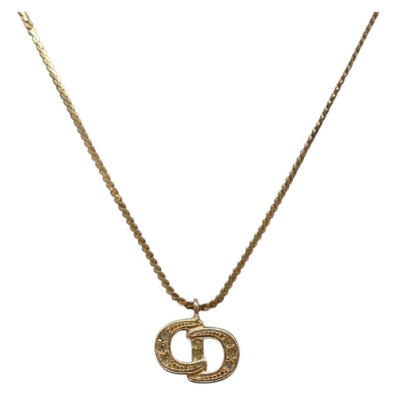 Christian Dior Stone CD Logo Necklace metal Gold Tone Auth 140833