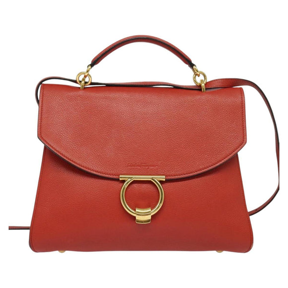 Salvatore Ferragamo Gancini マーゴット Bag Leather 2way Red Gold Auth 140847