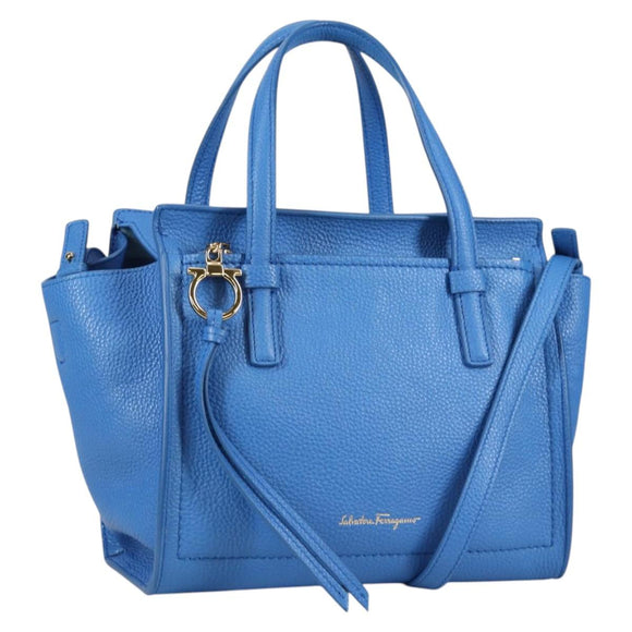 Salvatore Ferragamo Gancini Hand Bag Leather 2way Blue Gold Auth 140859V