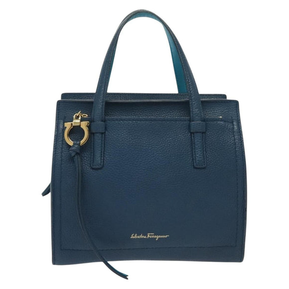 Salvatore Ferragamo Hand Bag Leather Blue Gold Auth 140893