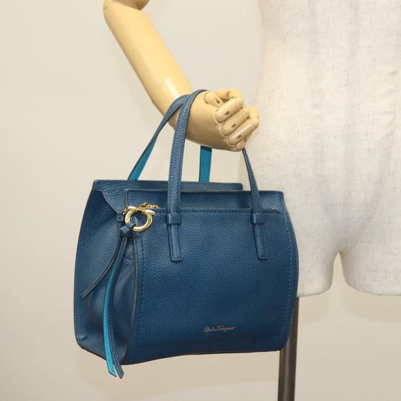 Salvatore Ferragamo Hand Bag Leather Blue Gold Auth 140893