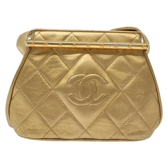 CHANEL Shoulder Bag Lamb Skin Gold CC Auth 140900