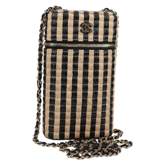 CHANEL Chain Phone Case Raffia Beige Gold CC Auth 140901M