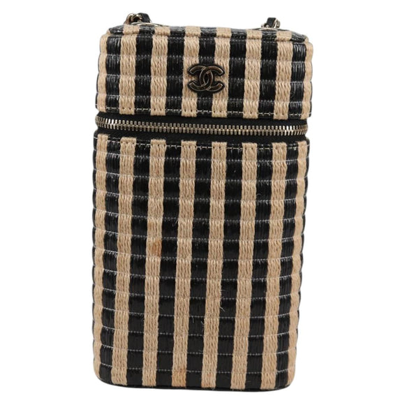 CHANEL Chain Phone Case Raffia Beige Gold CC Auth 140901M