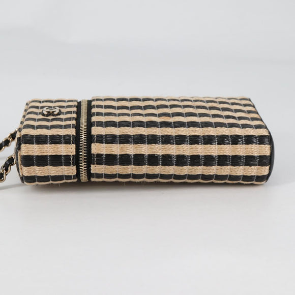 CHANEL Chain Phone Case Raffia Beige Gold CC Auth 140901SAM