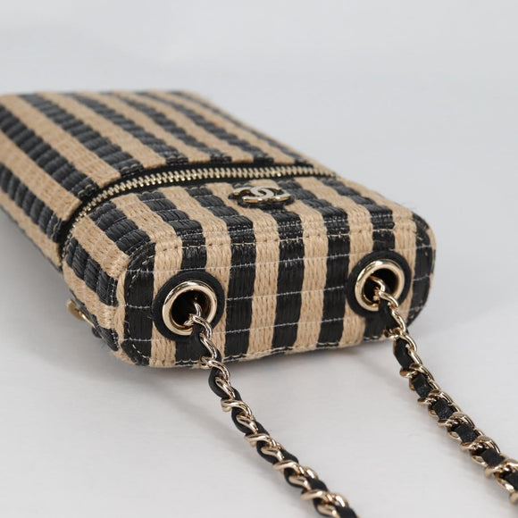 CHANEL Chain Phone Case Raffia Beige Gold CC Auth 140901M