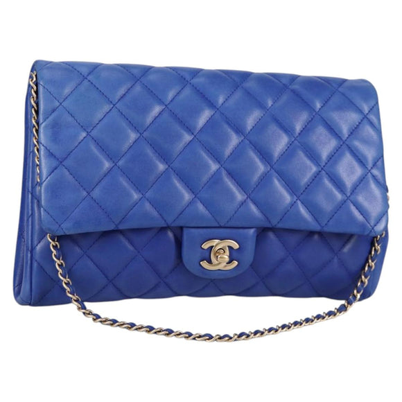 CHANEL Shoulder Bag Lamb Skin Blue Gold CC Auth 140902V