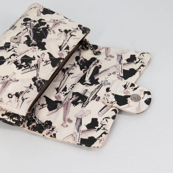 CHANEL Airline Shoulder Bag Canvas Beige Silver CC Auth 140904V