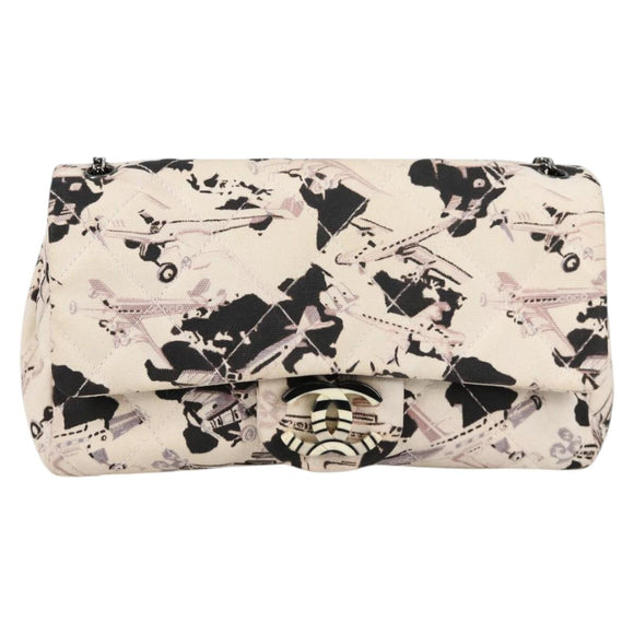 CHANEL Airline Shoulder Bag Canvas Beige Silver CC Auth 140904V
