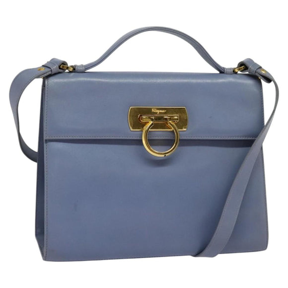 Salvatore Ferragamo Gancini Hand Bag Leather 2way Light Blue Gold Auth 140913