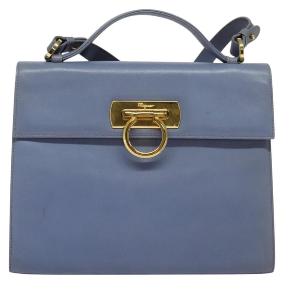 Salvatore Ferragamo Gancini Hand Bag Leather 2way Light Blue Gold Auth 140913